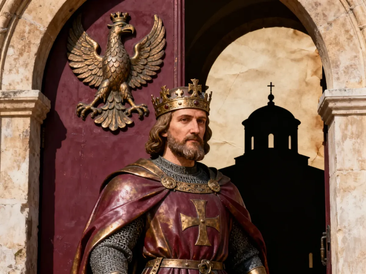 Bolesław Chrobry na tle romańskiego portalu i rotundy z wczesnopiastowskimi motywami