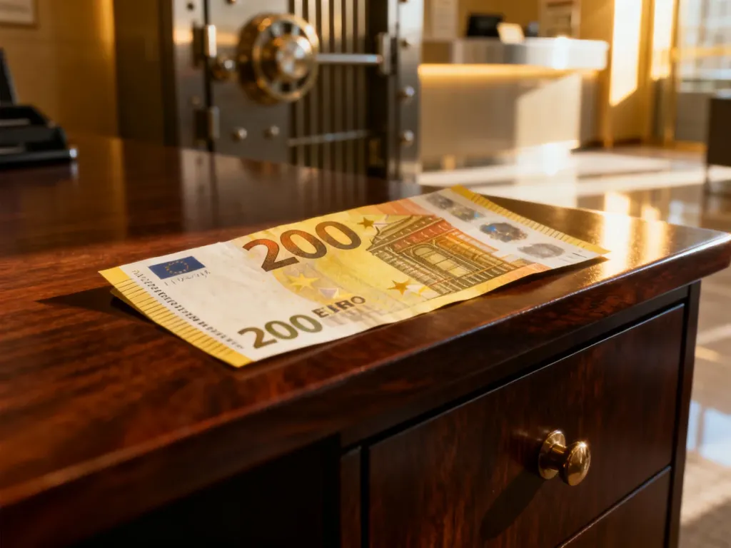 Banknot 200 euro leżący na mahoniowym biurku na tle nowoczesnego skarbca bankowego.
