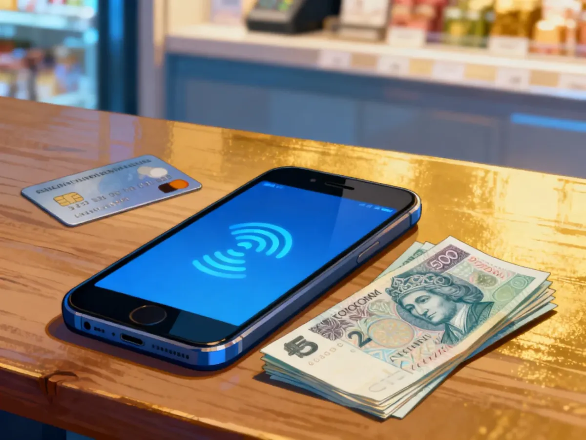 Telefon, karta i banknoty symbolizujące hybrydowy model płatności