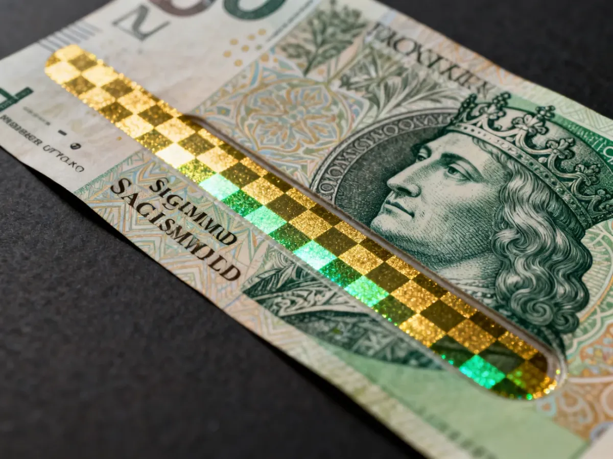 Zbliżenie zmodernizowanego banknotu 200 zł z nitką okienkową