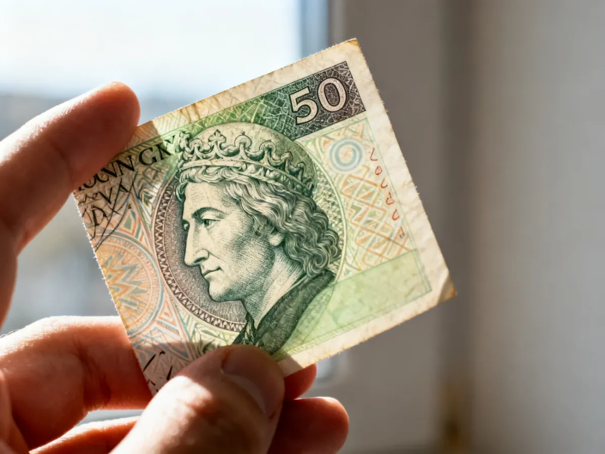 Polski banknot pod światło z widocznym znakiem wodnym