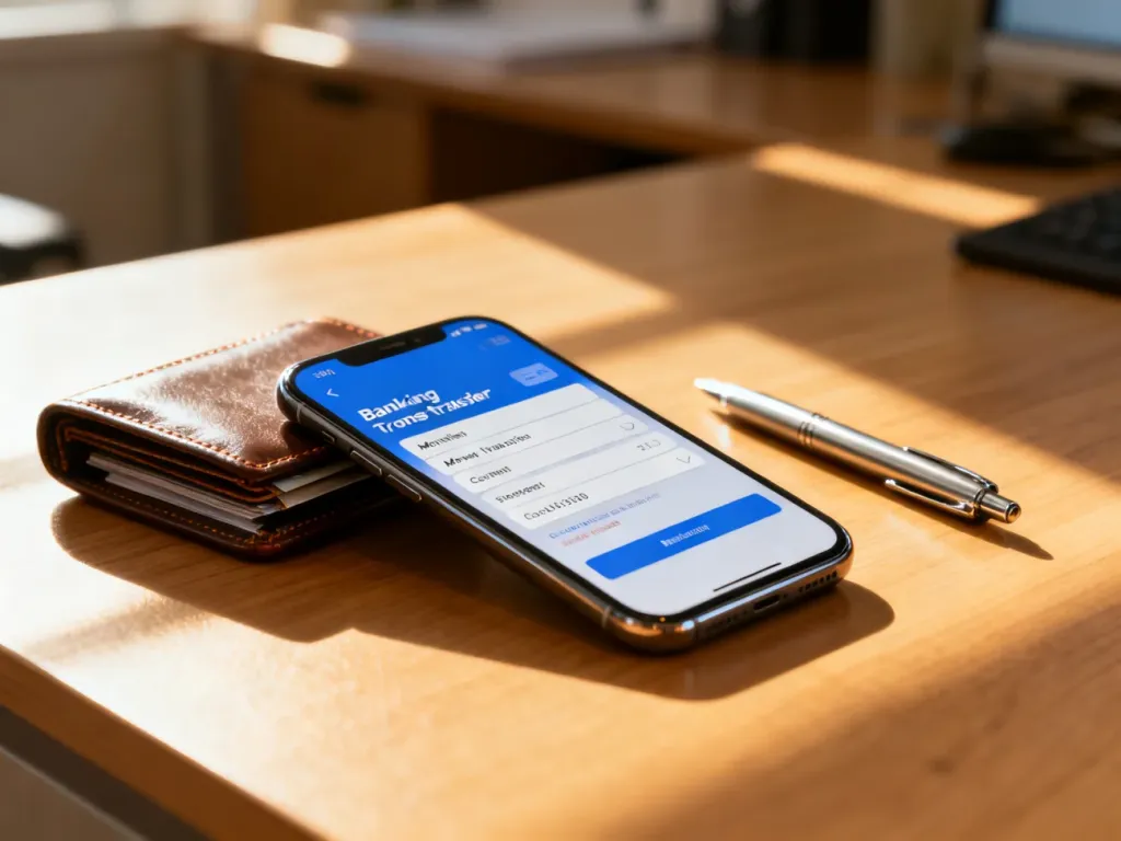 Smartfon z otwartą aplikacją bankową i wypełnionym formularzem przelewu na drewnianym biurku.