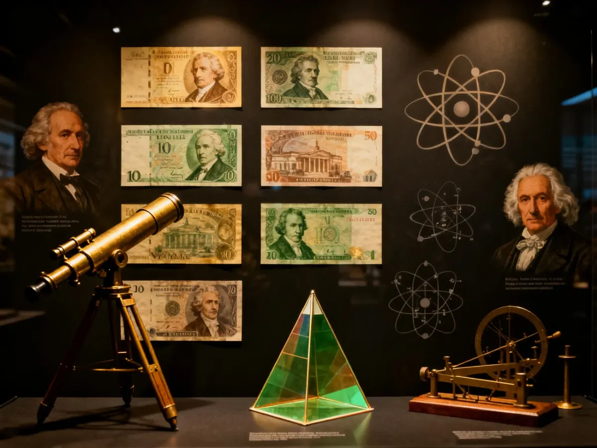 Historyczne banknoty z motywami naukowców i instrumentów badawczych