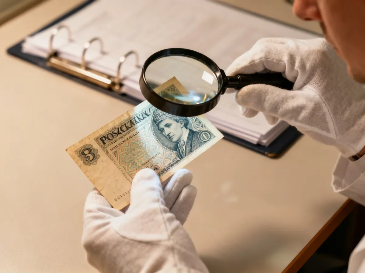 Numizmatyk oceniający stan zabytkowego banknotu pod lupą