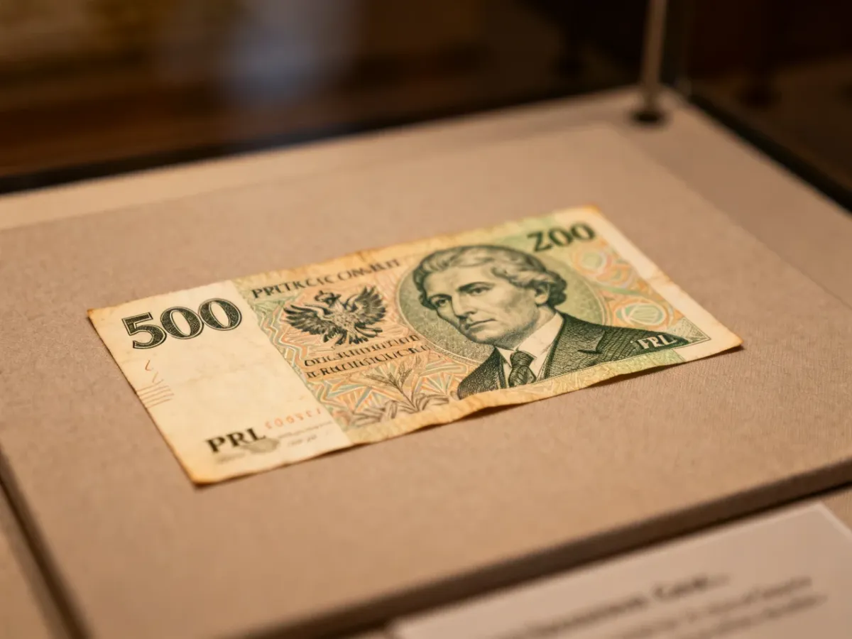 Zabytkowy banknot 500 zł z czasów PRL na tle akcesoriów kolekcjonerskich