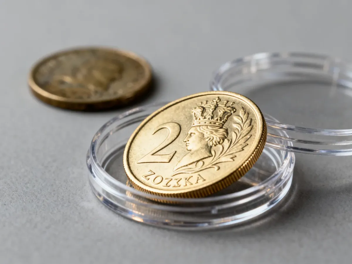 Moneta 2 zł w stanie menniczym w kapslu obok zużytej monety obiegowej