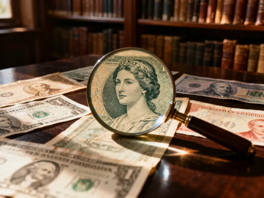 Historyczne banknoty z wizerunkami kobiet leżące na drewnianym stole, oglądane przez lupę w klimatycznym wnętrzu biblioteki.