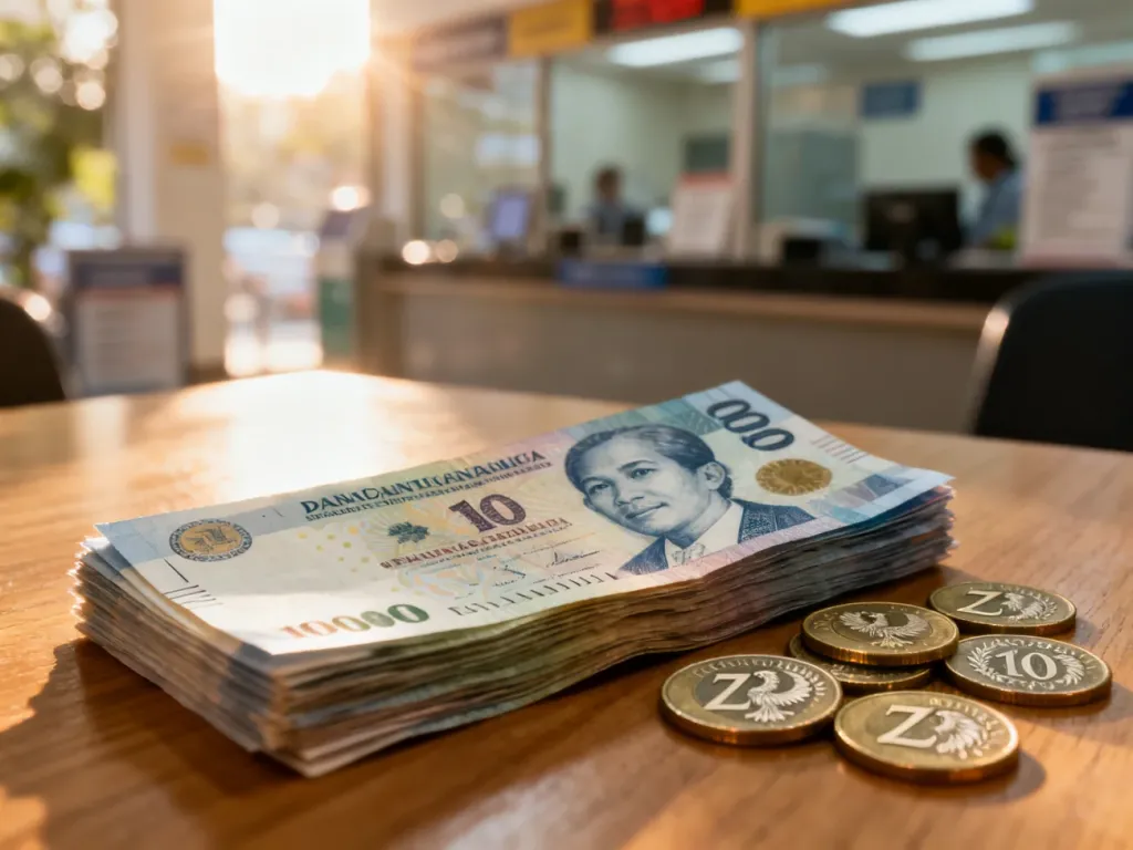 Stos banknotów filipińskich peso obok polskich monet na drewnianym stole, ilustrujący wymianę walut.