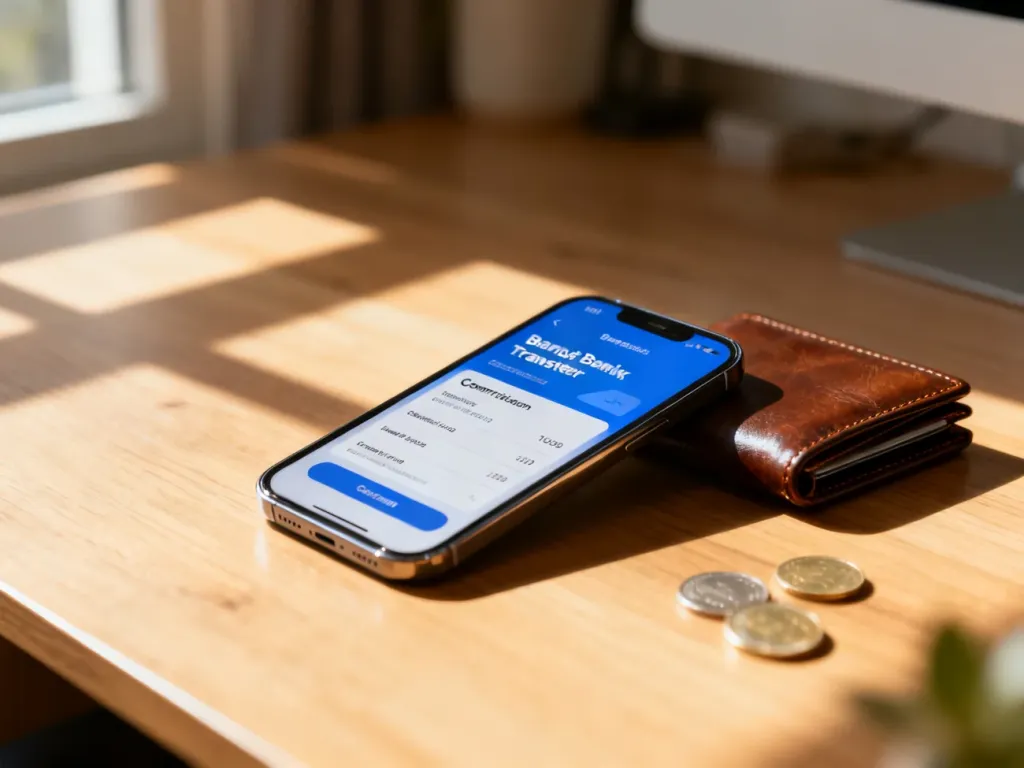 Smartfon z potwierdzeniem przelewu bankowego na drewnianym biurku, symbolizujący proces przesyłania środków z PayPal.