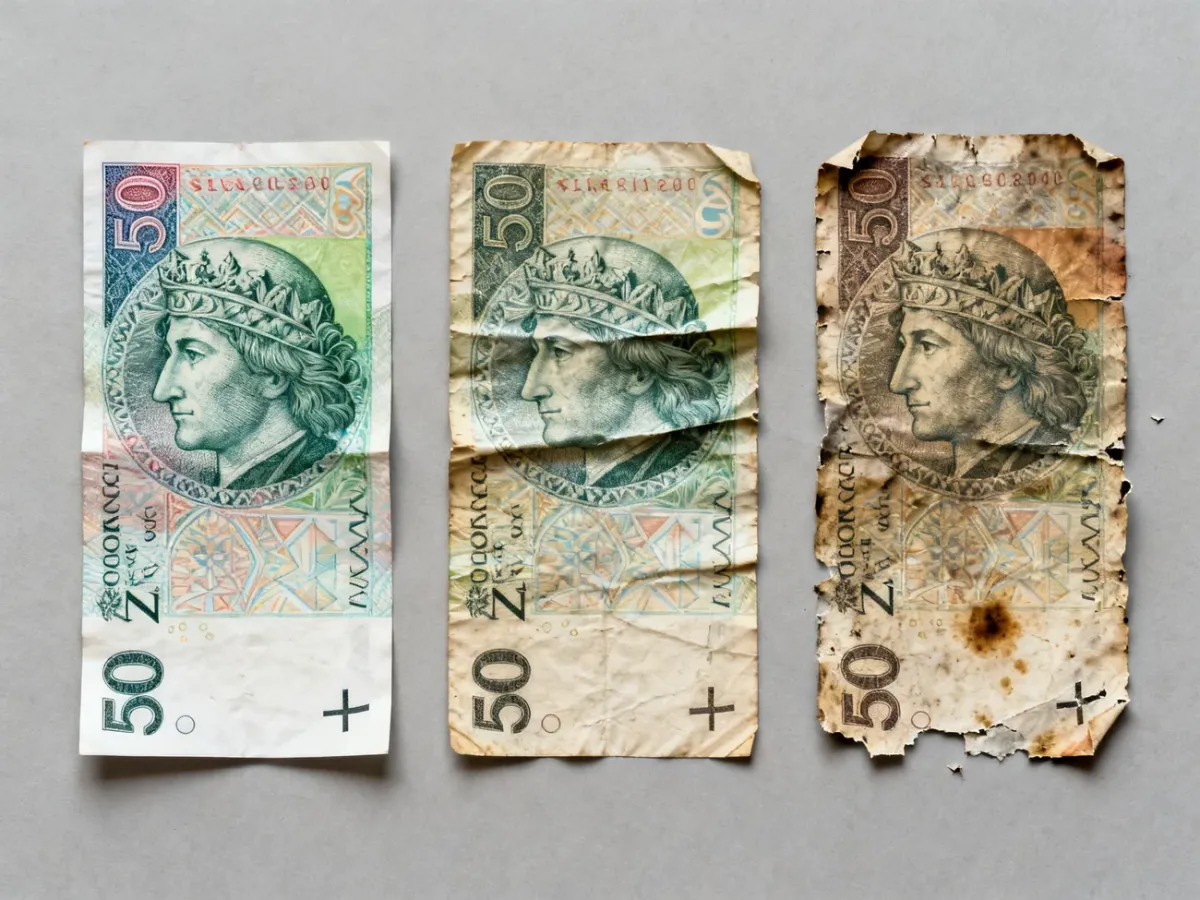 Banknoty 50 zł w różnym stanie zachowania