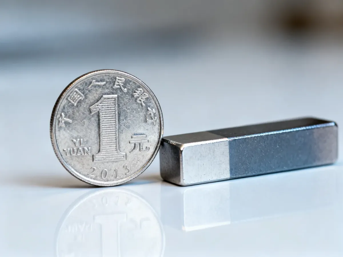 Magnes neodymowy zbliżony do srebrnej monety podczas testu magnetycznego