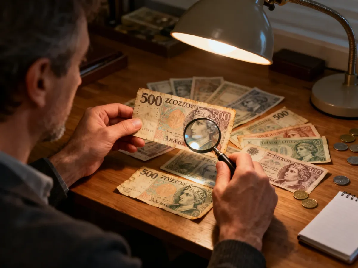 Kolekcjoner oglądający banknot 500 zł pod lupą
