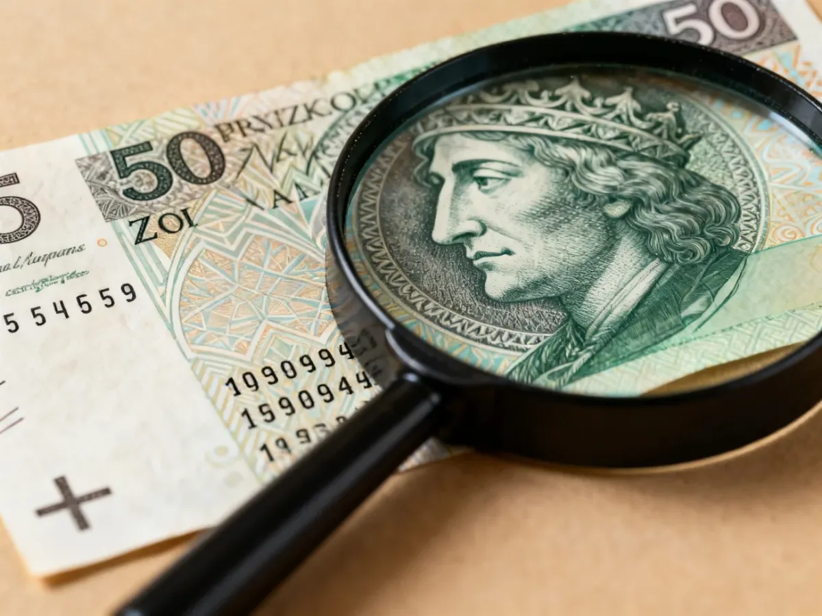 Banknot 50 zł z numerem seryjnym typu solid oglądany przez lupę