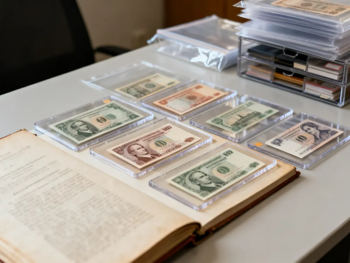 Banknoty okolicznościowe przechowywane płasko w ochronnych holderach i klaserze