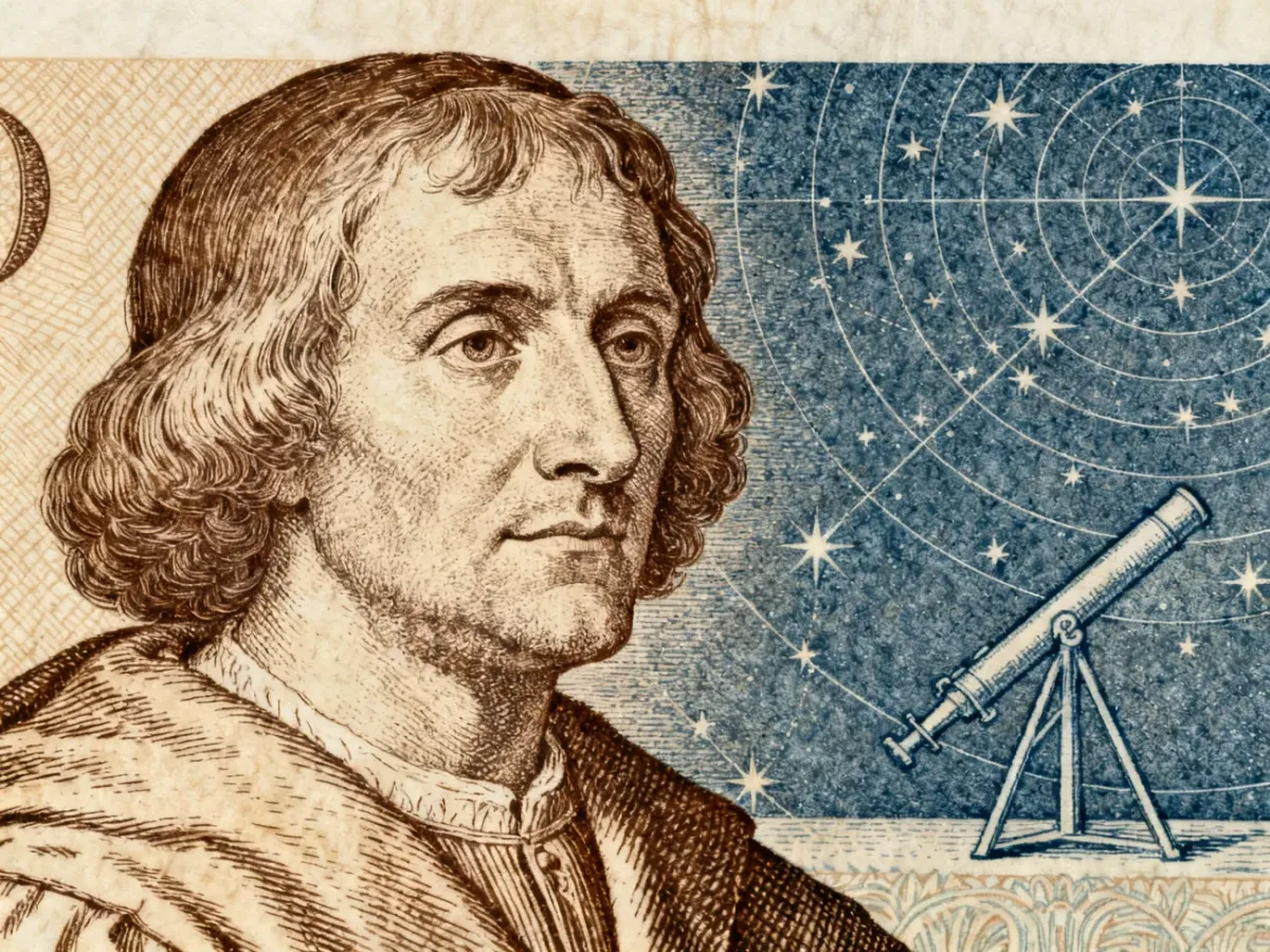 Historyczny polski banknot z wizerunkiem Mikołaja Kopernika i motywami astronomicznymi