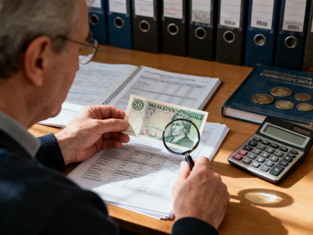 Kolekcjoner porównujący banknot z katalogiem i wynikami aukcji