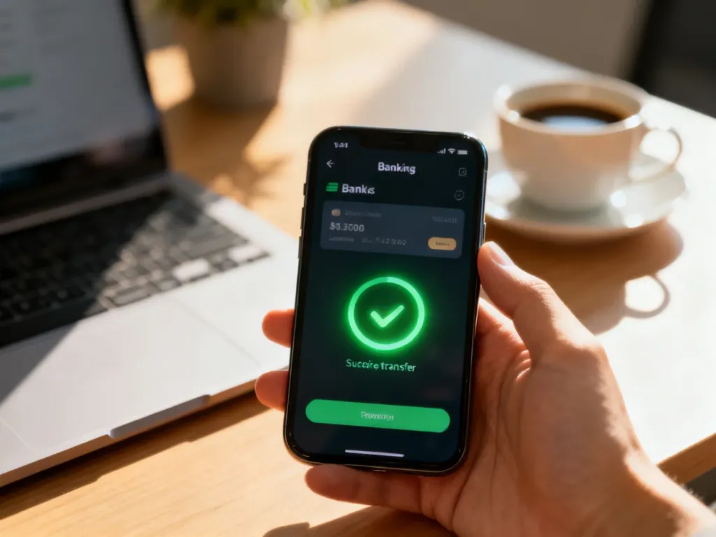 Ekran smartfona z aplikacją bankową i powiadomieniem o udanym przelewie przychodzącym na tle biurka.