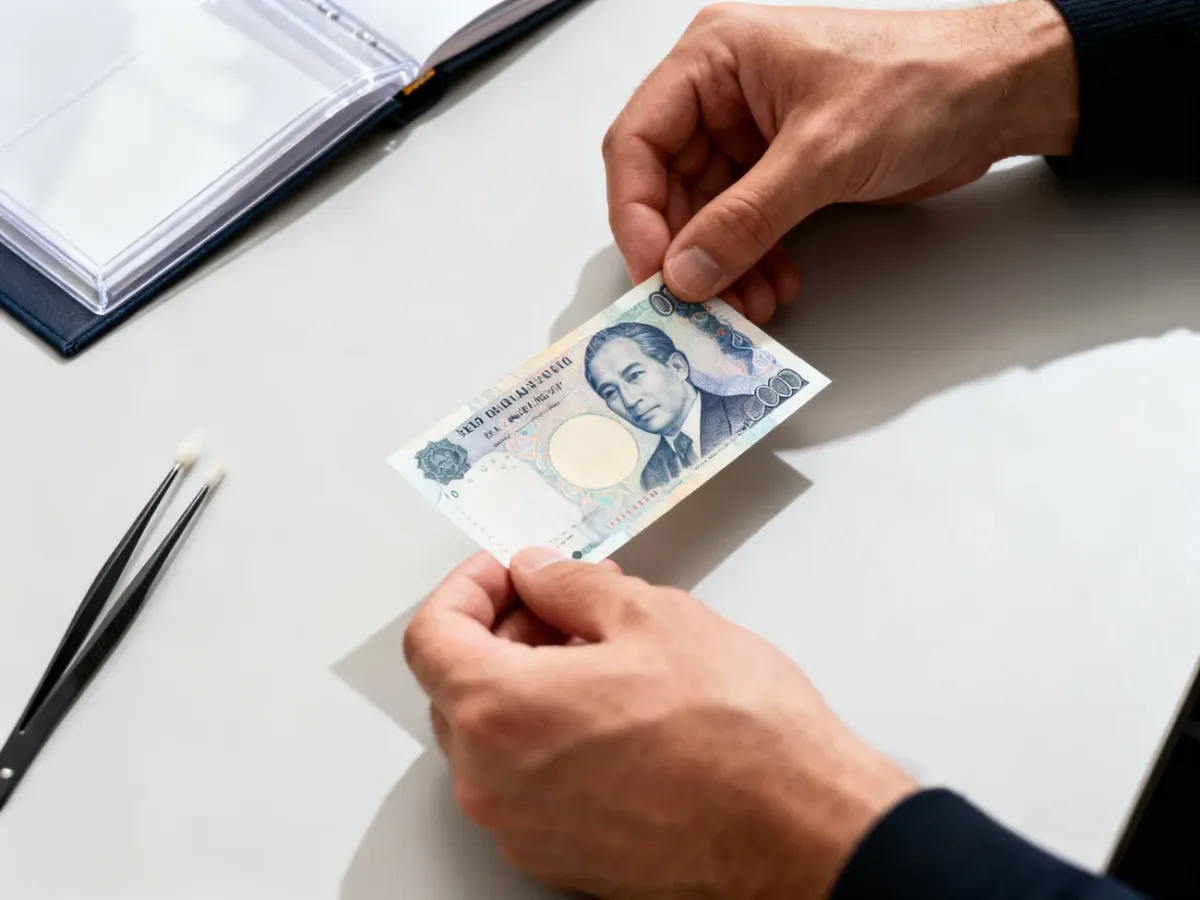 Ostrożne oglądanie banknotu za krawędzie na czystym stanowisku