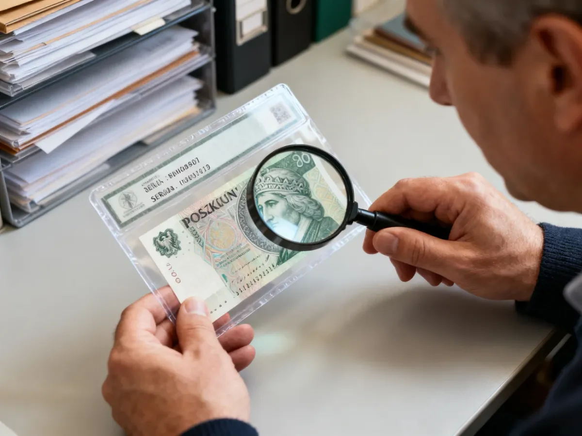 Oglądanie numeru seryjnego banknotu w ochronnym opakowaniu