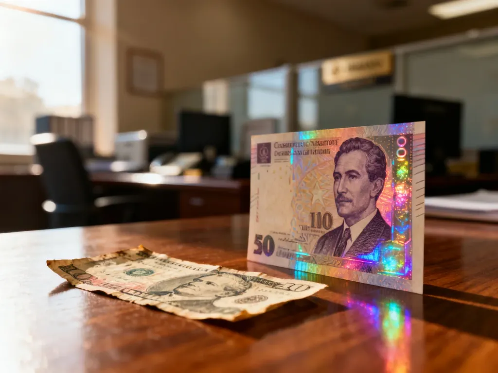 Porównanie kolekcjonerskiego banknotu z bogatymi zdobieniami oraz zużytego banknotu obiegowego na drewnianym stole.