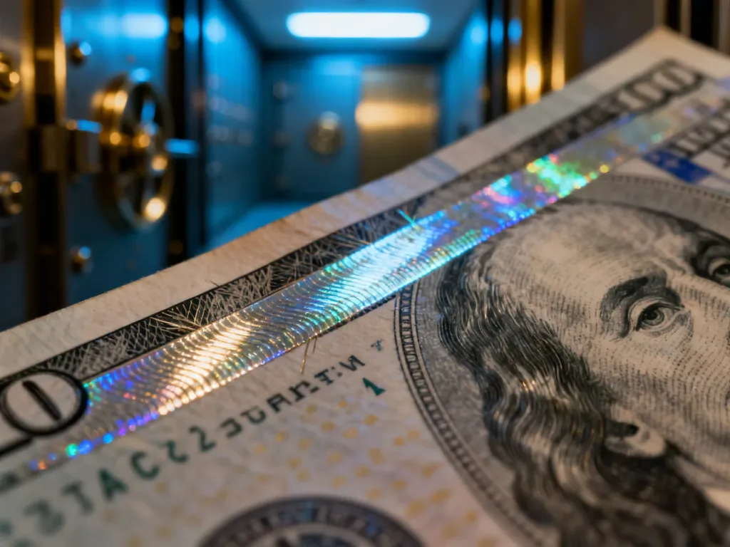 Zbliżenie na detale nowoczesnego banknotu, prezentujące holograficzne zabezpieczenia, metaliczne elementy i mikrodruk.