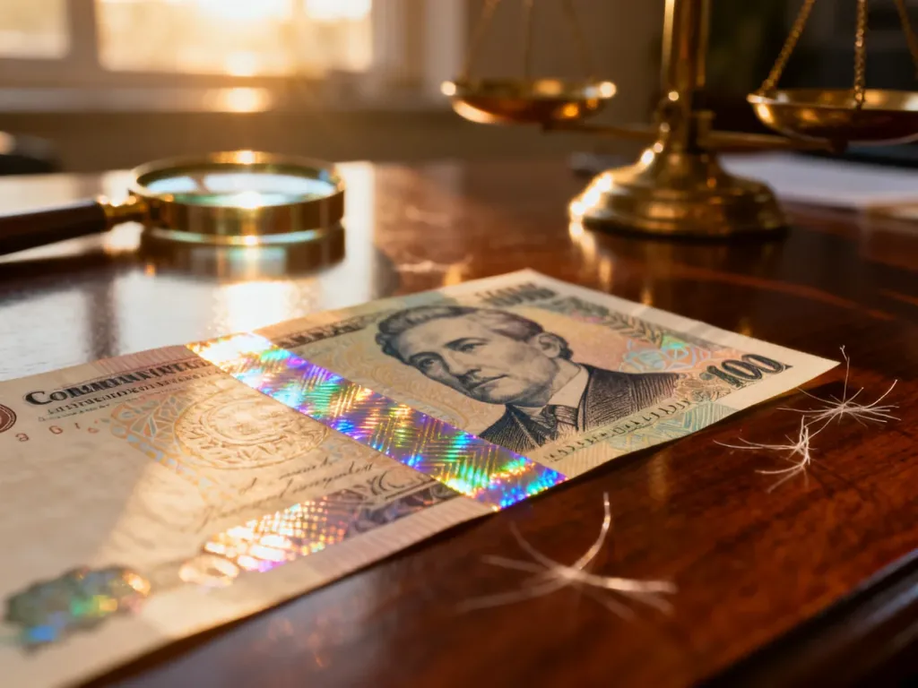 Zbliżenie na detale banknotu kolekcjonerskiego, w tym hologramy i wypukłe tekstury, podczas profesjonalnej wyceny numizmatycznej.