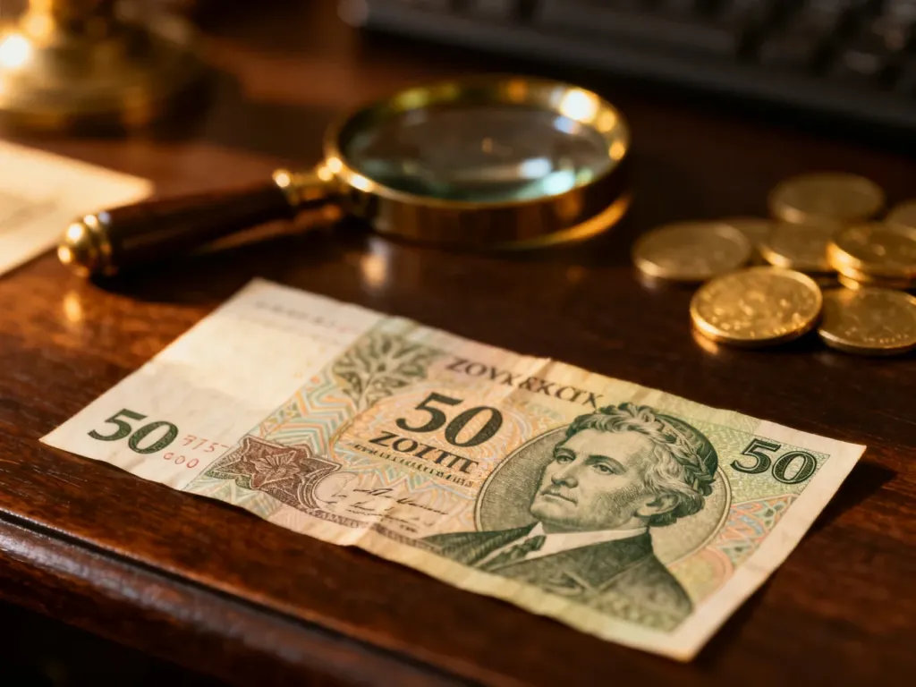 Stary banknot 50 złotych z lat 70. leżący na drewnianym biurku obok antycznej lupy i złotych monet.
