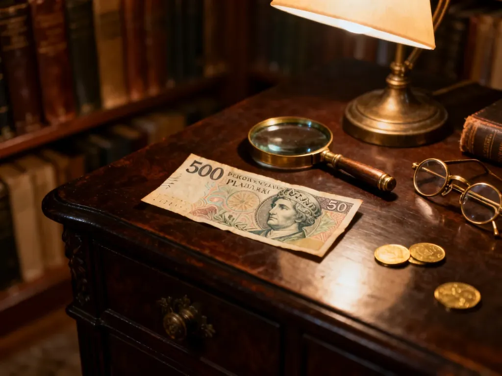 Stary banknot 500 zł leżący na drewnianym biurku obok lupy, okularów i złotych monet w klimatycznym wnętrzu biblioteki.