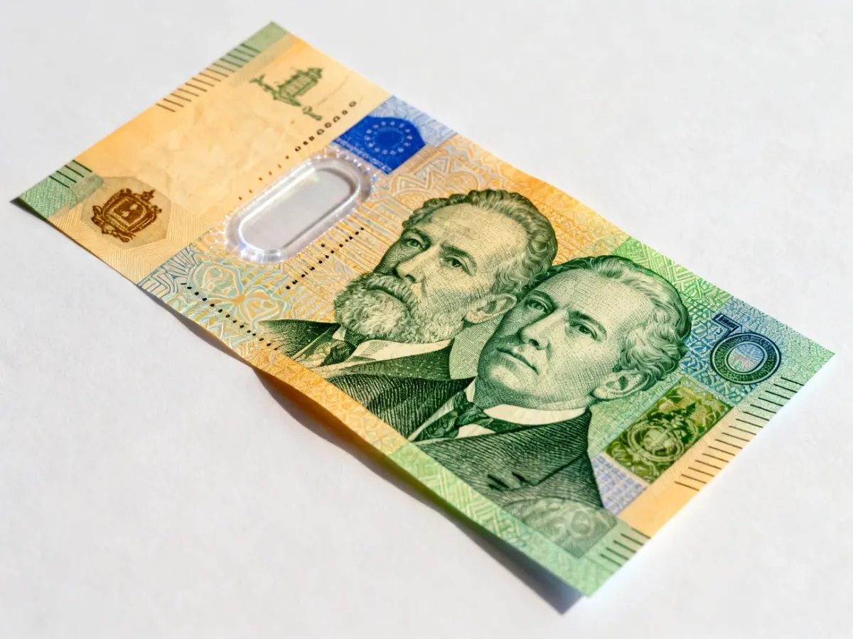 Australijski banknot polimerowy z motywami historycznymi i przezroczystym oknem optycznym