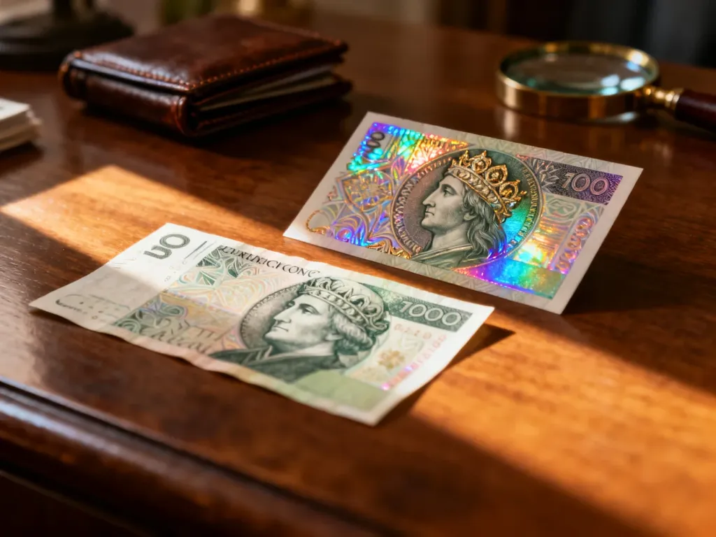 Porównanie polskiego banknotu obiegowego z ozdobnym banknotem pamiątkowym na drewnianym biurku.