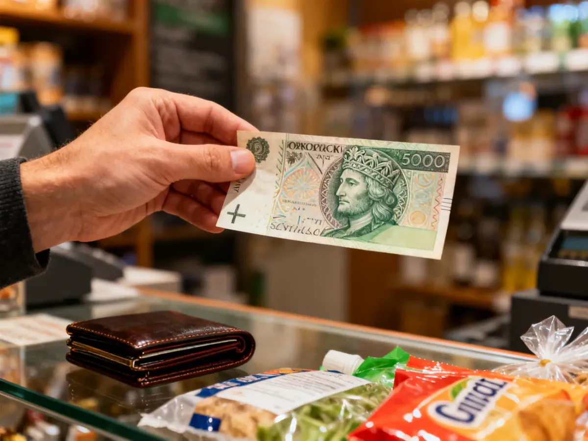 Banknot kolekcjonerski trzymany nad ladą sklepową