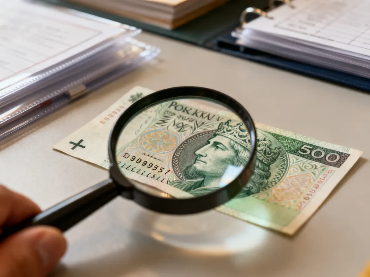 Banknot oglądany pod lupą w celu sprawdzenia numeru i błędów druku